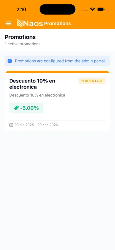 Vista del módulo de promociones en el portal NAOS
