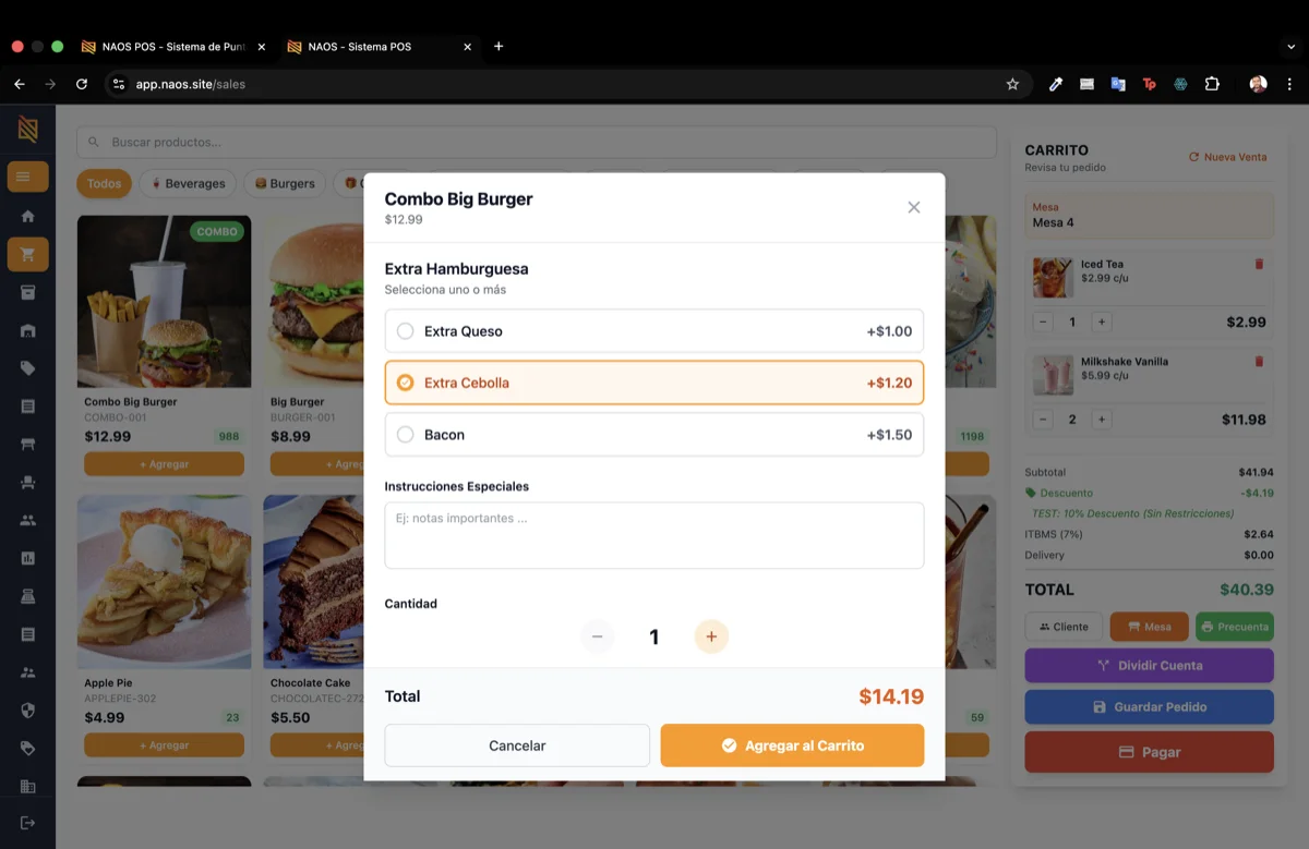 Panel de delivery en el portal NAOS